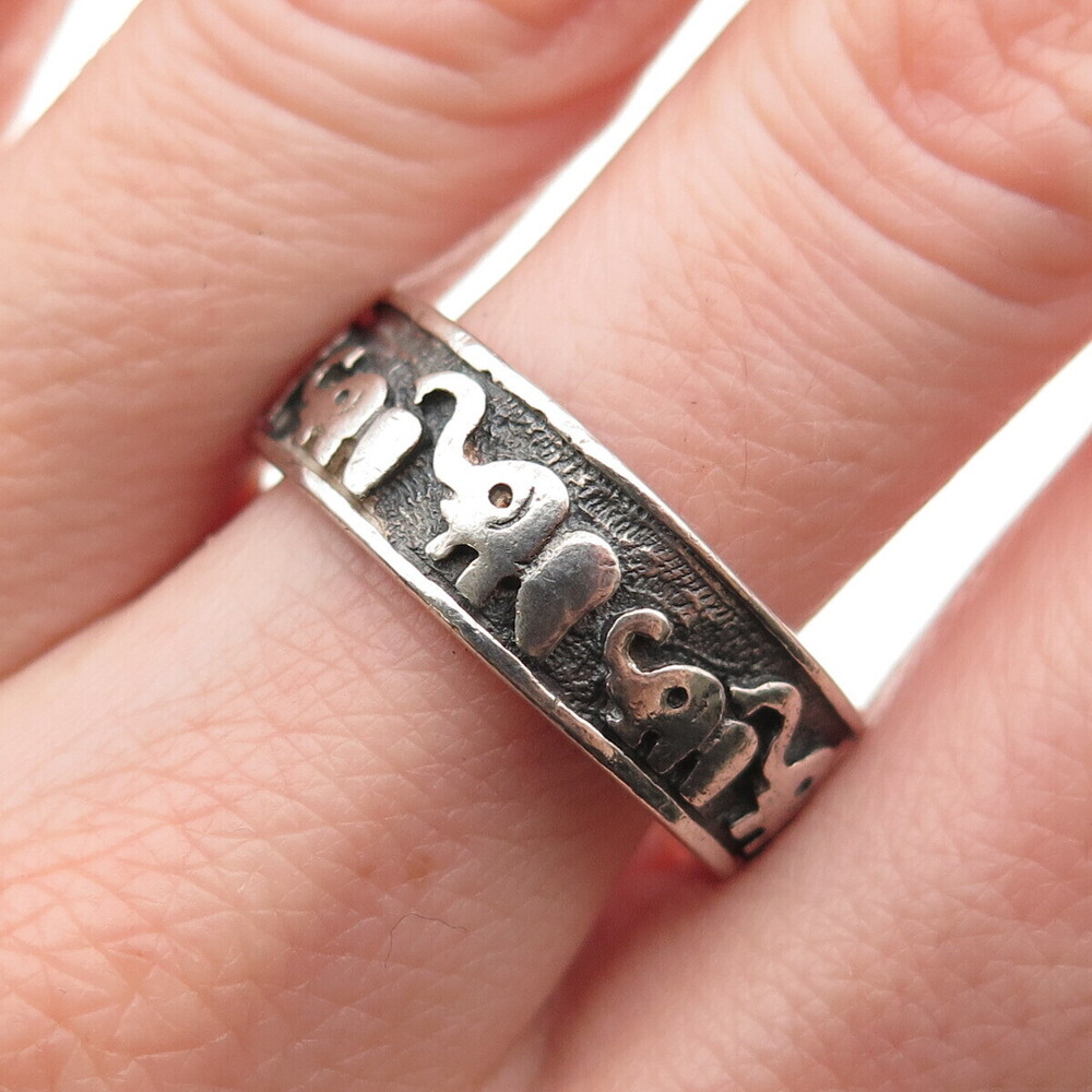 925 Sterling Silver Vintage Mom & Chid Elephant Oxidized Band Ring Size 10.75
